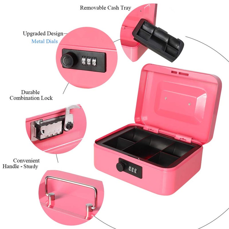Jssmst Medium Cash Box with Combination Lock - Durable Metal Cash Box with Money Tray Pink,7.87 x 6.3 x 3.35 inches,CB0704M - Image 3